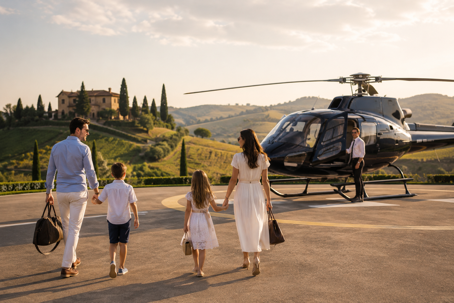 Famiglia si dirige verso un elicottero privato in una tenuta della Toscana