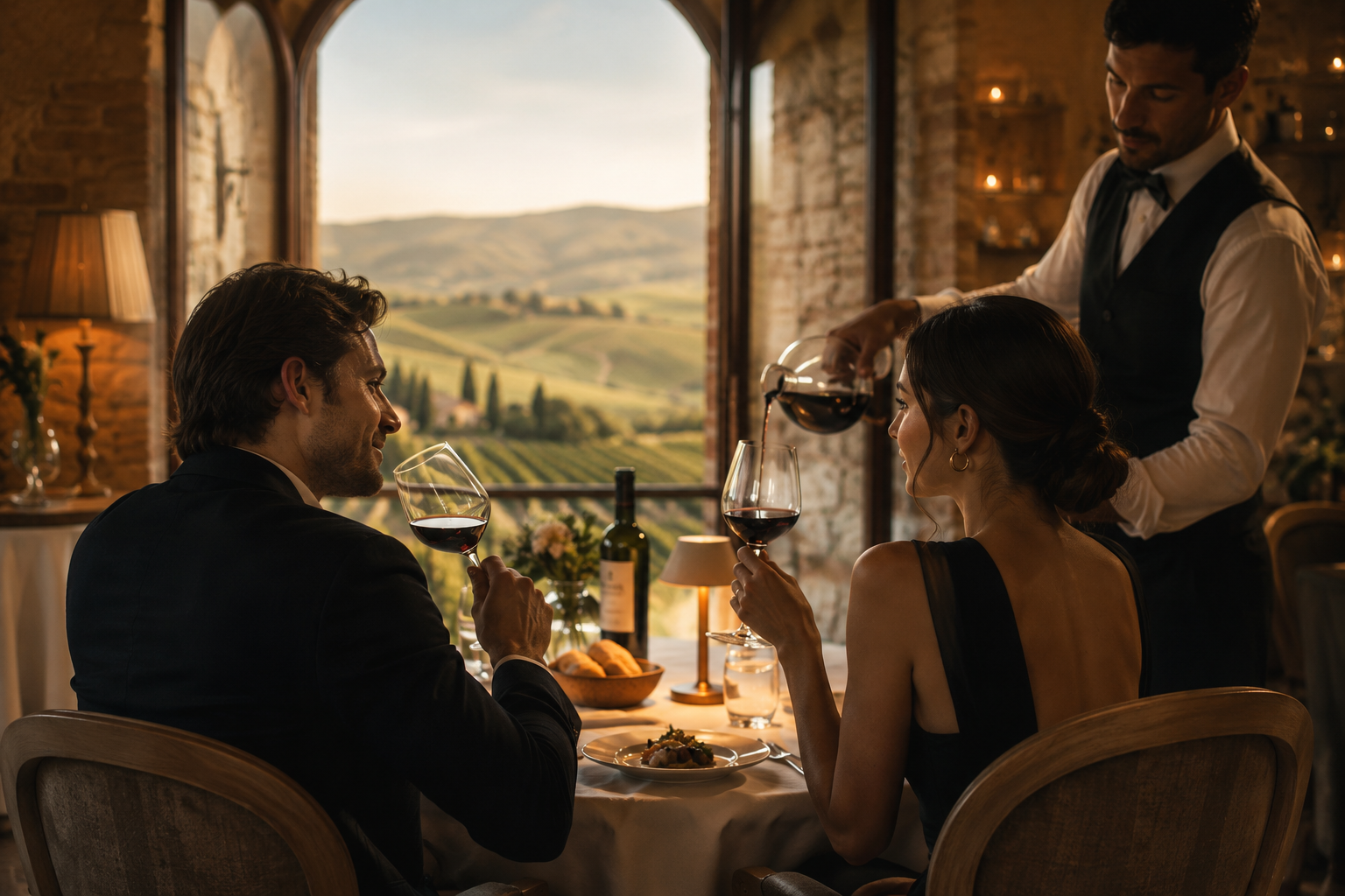 Coppia elegante durante una wine experience in Toscana con vista sui vigneti